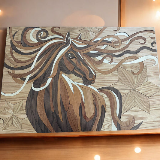 Unbridled Spirit – 36” x 24” Handcrafted Wood Inlay Horse Art