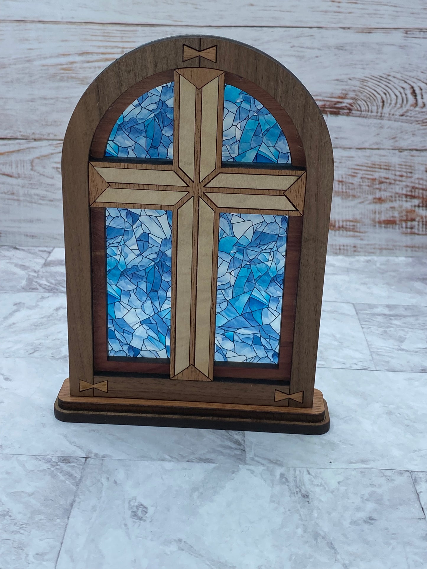 Blue Stained Glass Cross Mantle Arch
