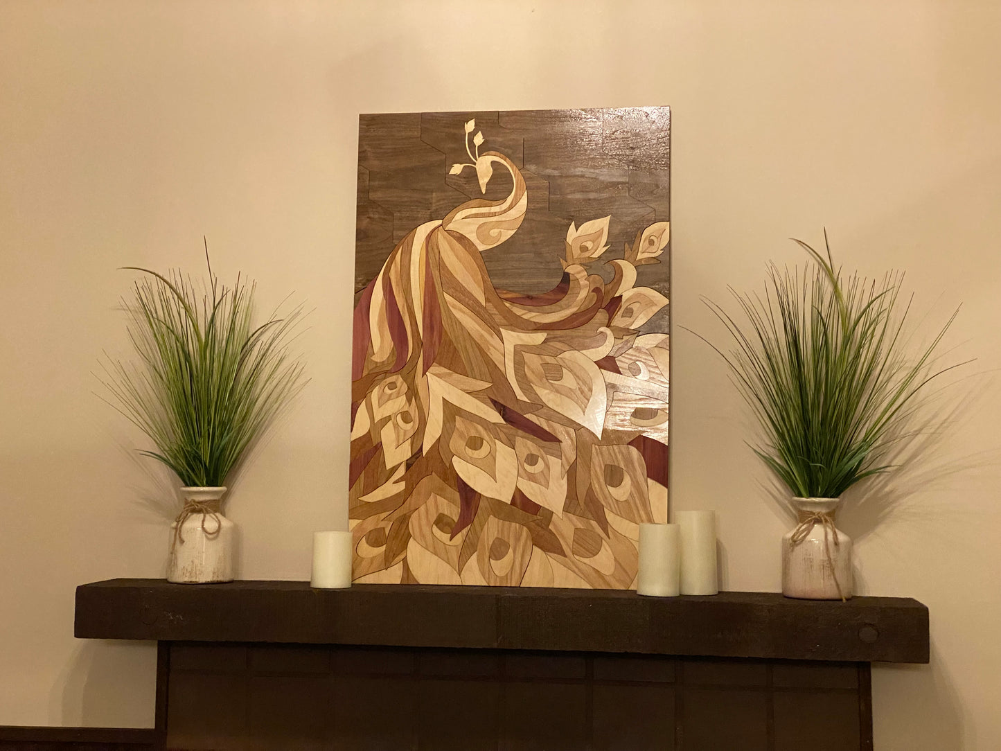 "Bashful Peacock" – Handcrafted Wood Inlay Wall Art (36” x 24”)