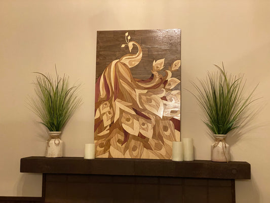 "Bashful Peacock" – Handcrafted Wood Inlay Wall Art (36” x 24”)