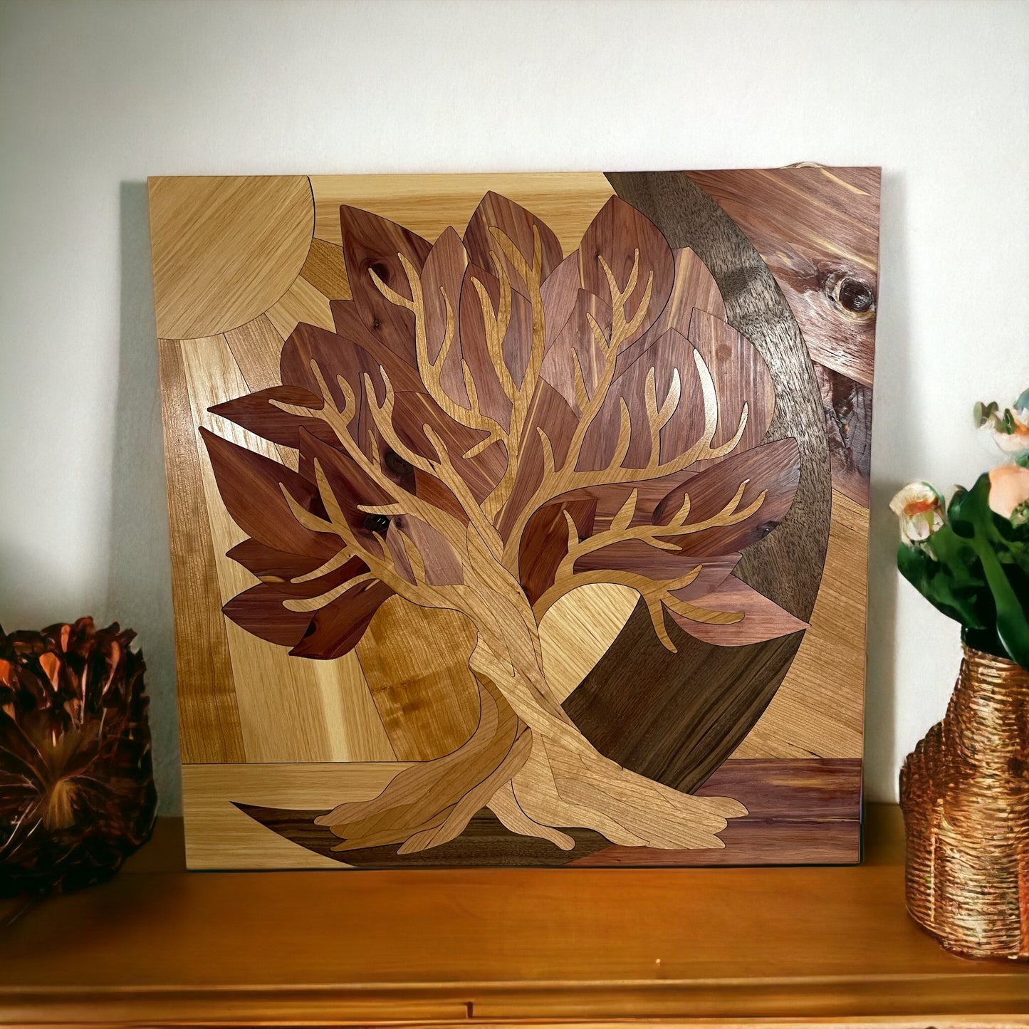 Wood Inlay Tree of Life in the Light of the Sun and Moon Wall Decor