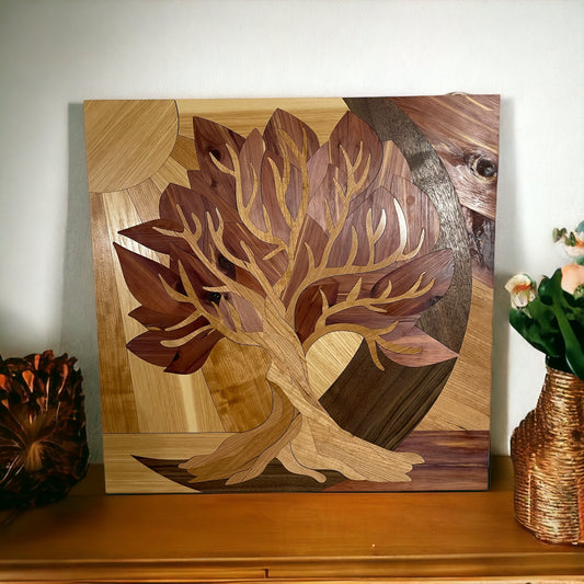 Wood Inlay Tree of Life in the Light of the Sun and Moon Wall Decor