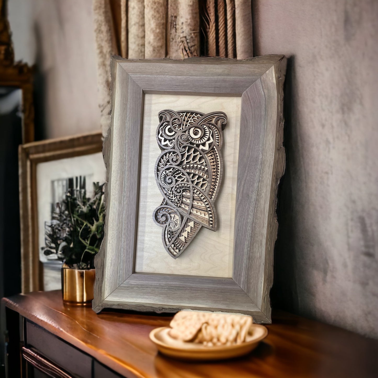 8-layer owl mandala in solid walnut live edge frame