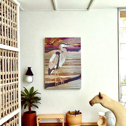 "Great Blue Heron - Still Waters, Silent Wings" – Handcrafted Wood Inlay Wall Art
