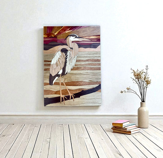 "Great Blue Heron - Still Waters, Silent Wings" – Handcrafted Wood Inlay Wall Art
