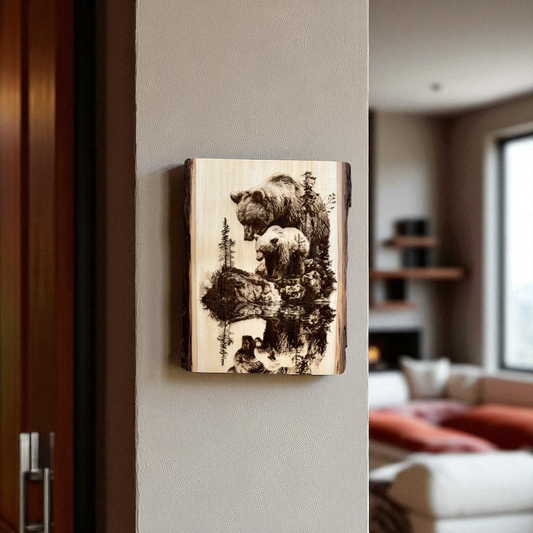 Engraved live edge wood wall art featuring a mother bear and cubs. Rustic, one-of-a-kind décor for nature lovers and mountain homes.