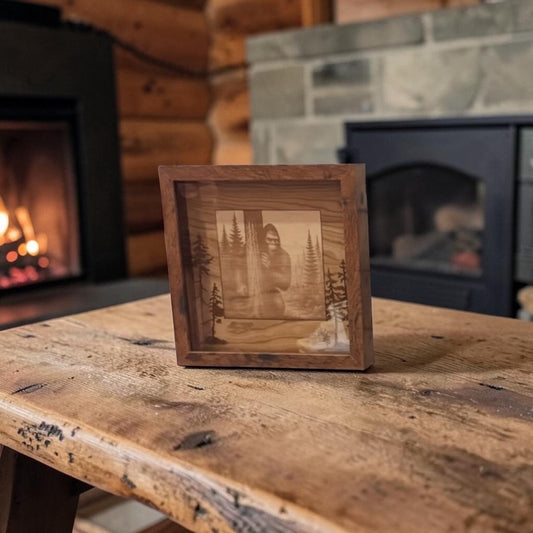 Hiding Amongst Us - Bigfoot hiding in the pines shadowbox art