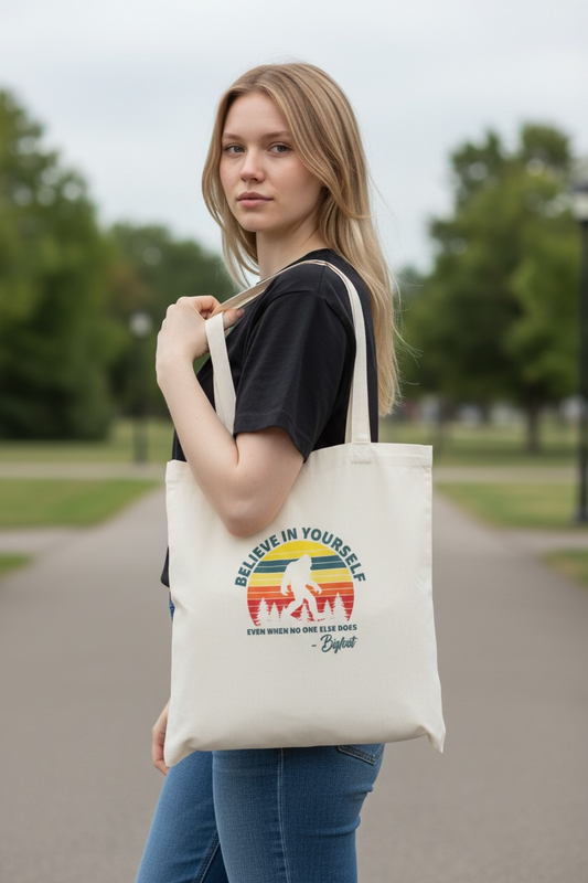 Fashionable Tote Bag - “Believe in Yourself — Even When No One Else Does
— Bigfoot”