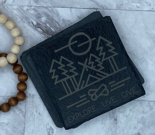 "Explore. Live. Give" Engraved coasters on slate