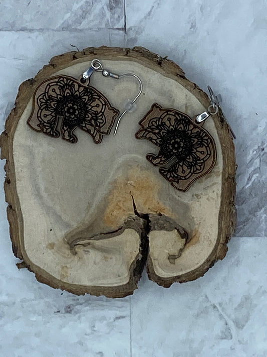 Walnut Mandala Bear earrings