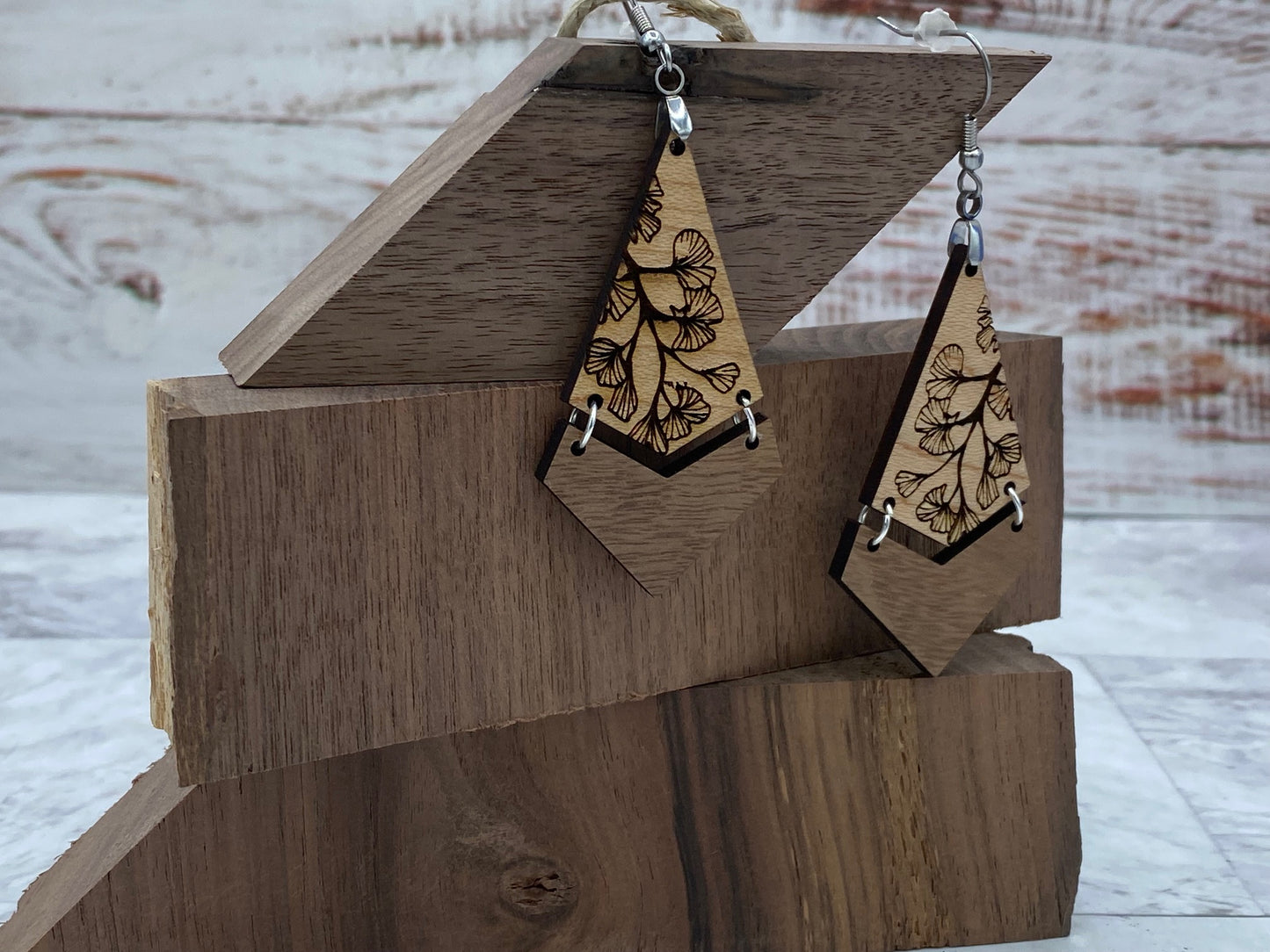 Maple and Walnut Ginko Leaf dangle earrings