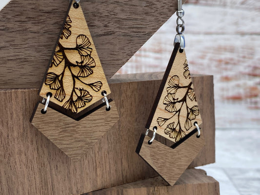 Maple and Walnut Ginko Leaf dangle earrings
