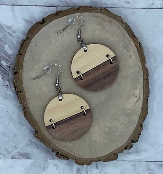 Maple and Walnut Hinged Drop Circle Earrings