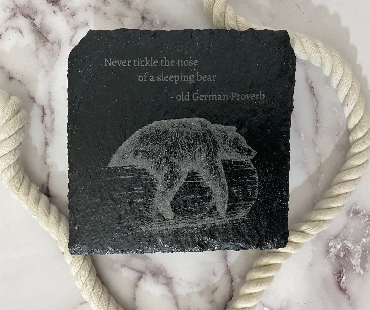 Set of 4 Slate Coasters - Sleepy Bear "Never tickle the nose of a sleep bear" - old German Proverb