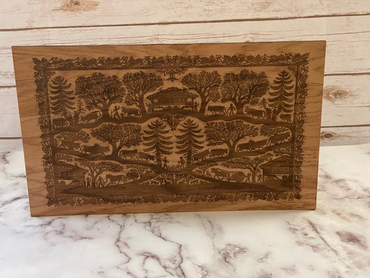 German-inspired Scherenschnitte style Rural Wall Art Engraved on Oak