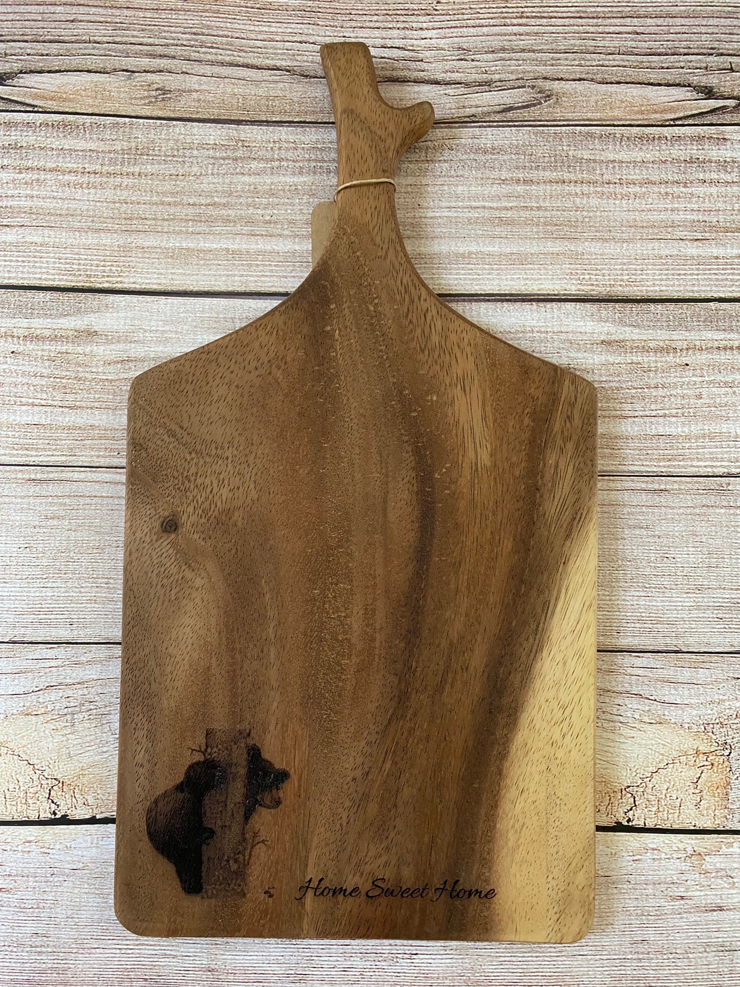 Walnut branch shaped Climbing Bear Cub "Home Sweet Home" Charcuterie Board