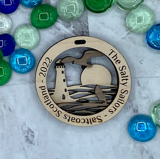 Customized Branded Airbnb VRBO STR Host Items Lighthouse with waves, sunset and seagull ornament