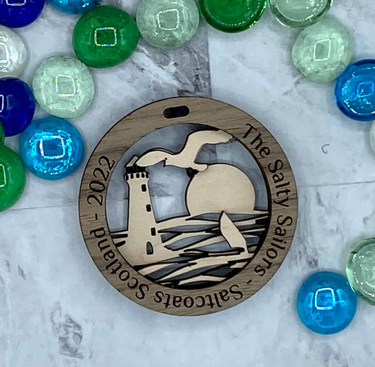 Customized Branded Airbnb VRBO STR Host Items Lighthouse with waves, sunset and seagull ornament