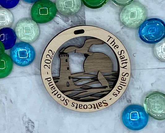 Customized Branded Airbnb VRBO STR Host Items Lighthouse with waves, sunset and seagull ornament