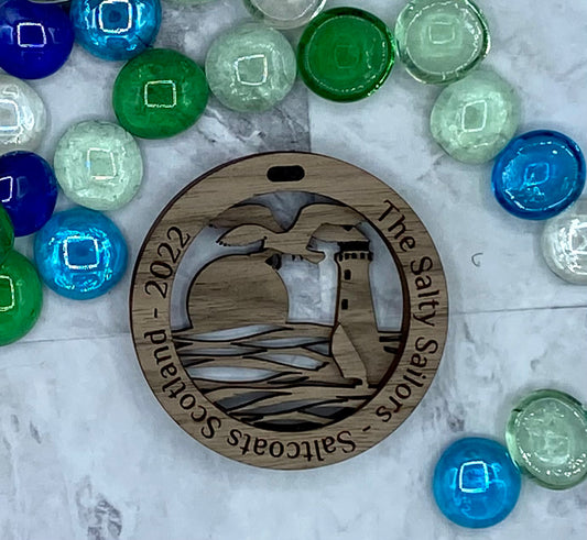 Customized Branded Airbnb VRBO STR Host Items Lighthouse with waves, sunset and seagulls ornament