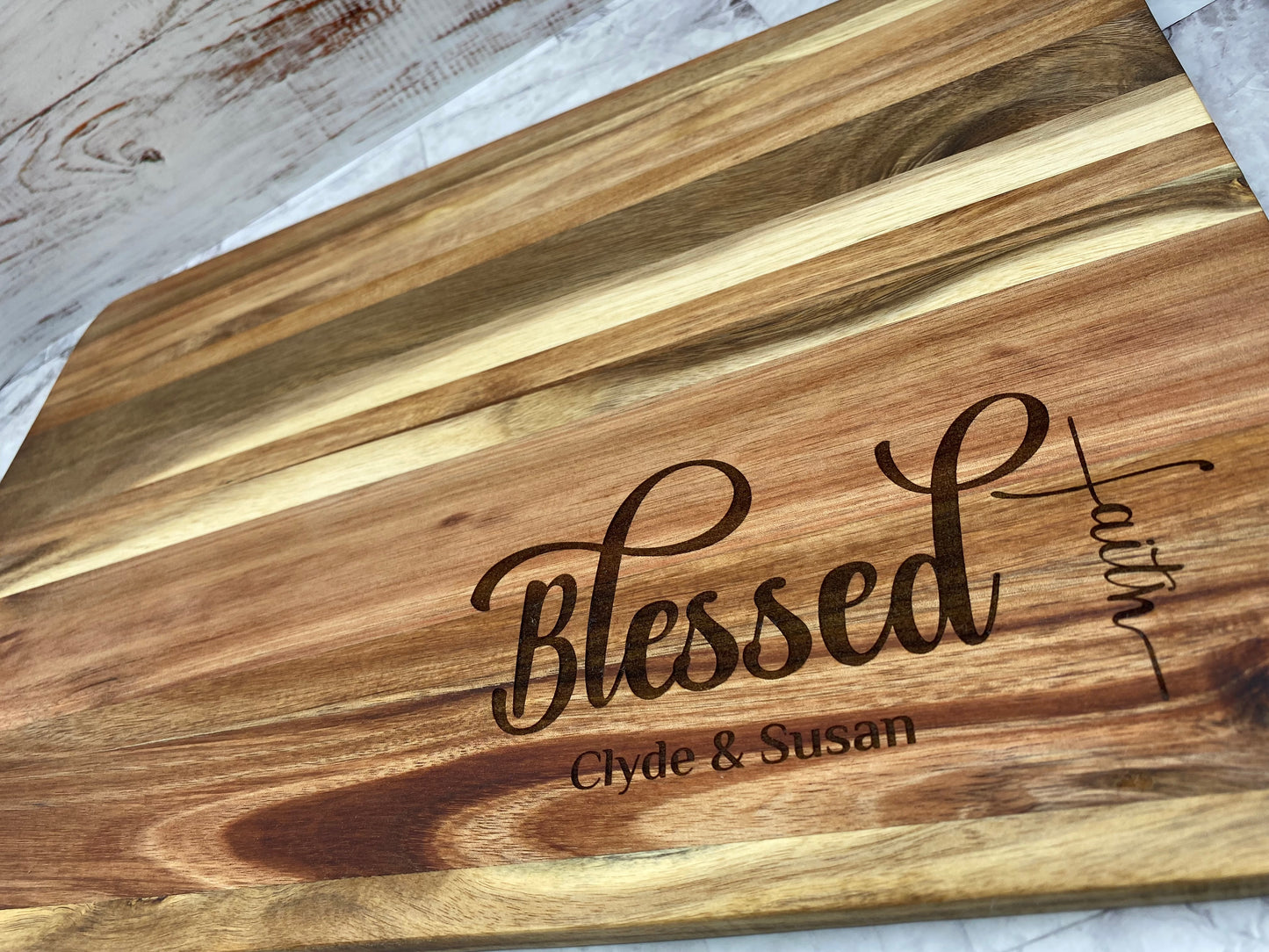 Customized "Blessed" with faith cross charcuterie board