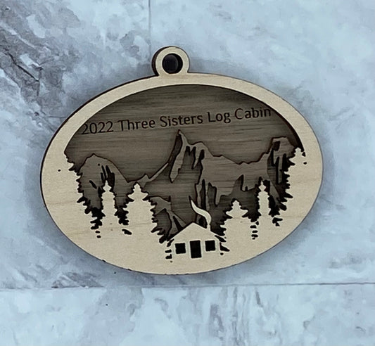 Customized Branded Airbnb VRBO STR Host Items Cabin in the woods and mountains ornament