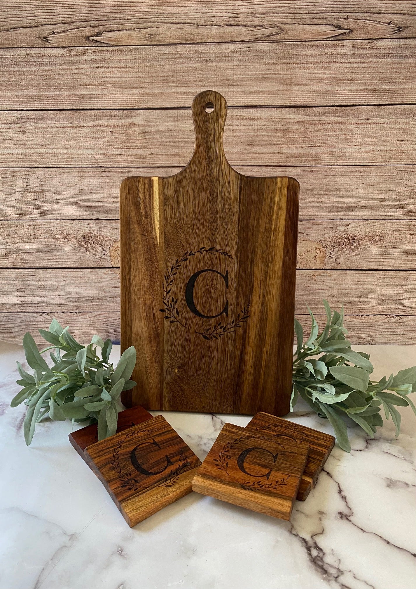 Personalized Monogram Charcuterie Cutting Board and Coasters Gift Set