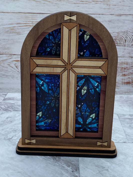 Snowflake Stained Glass Cross Mantle Arch