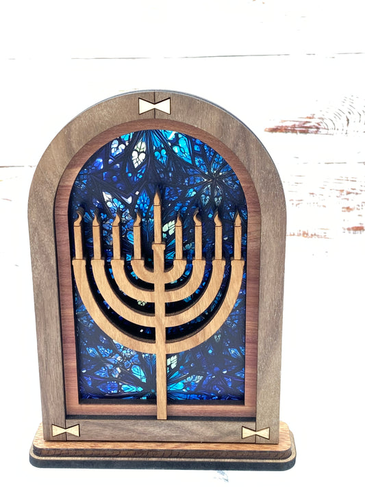 Snowflake Stained Glass Menorah Mantle Arch