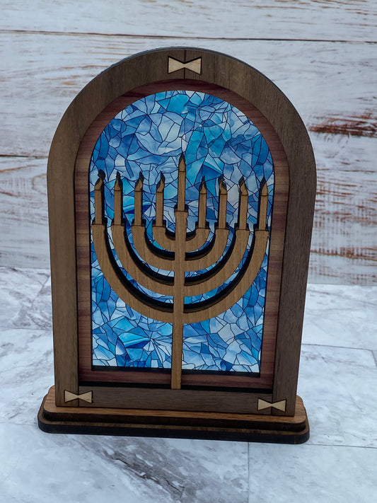 Blue Stained Glass Menorah Mantle Arch