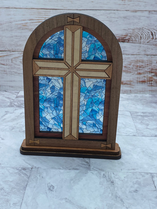 Blue Stained Glass Cross Mantle Arch
