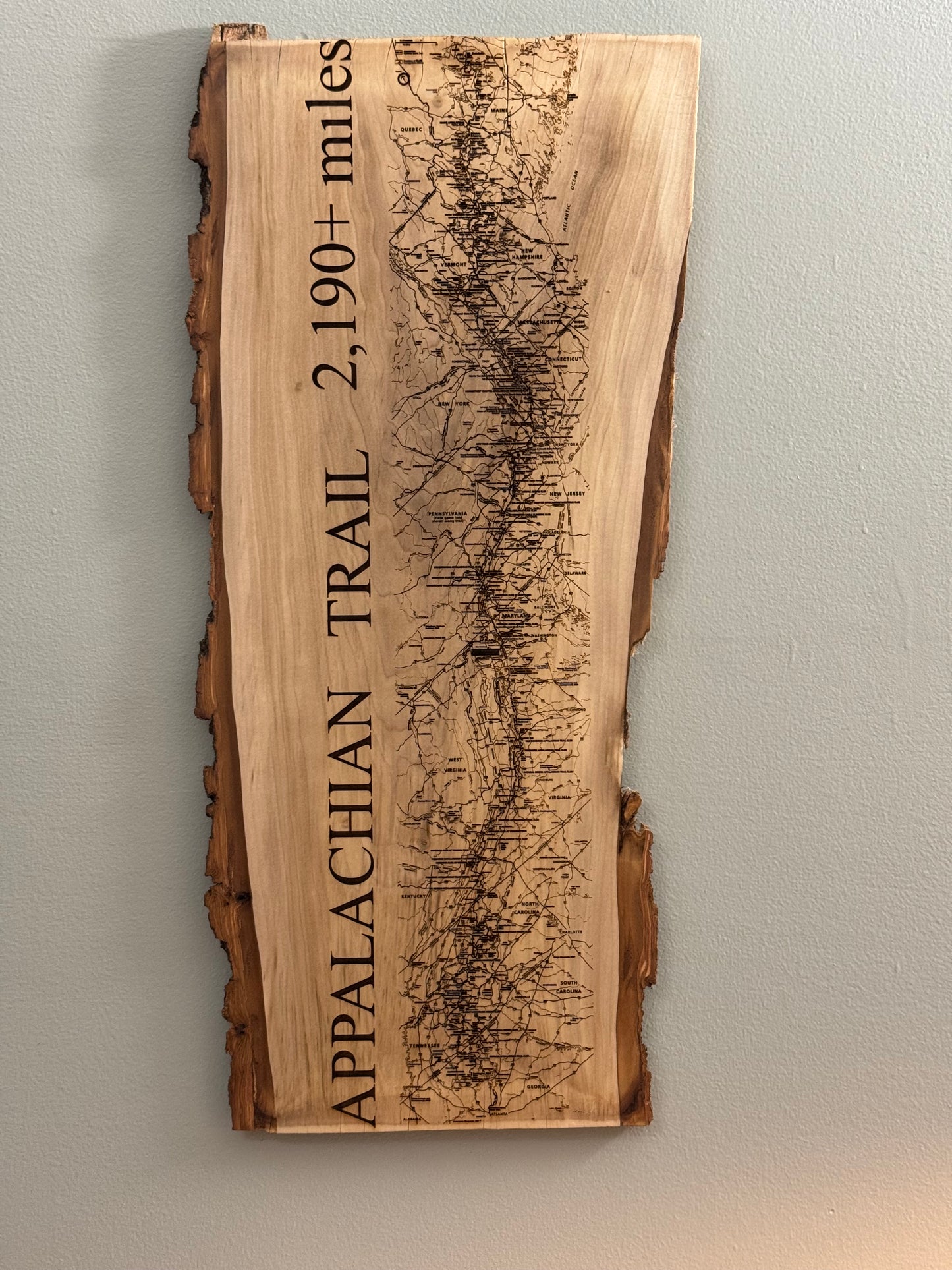 Appalachian Trail Engraved Live Edge Wood Map – approx. 23.5” (sizes vary slightly)