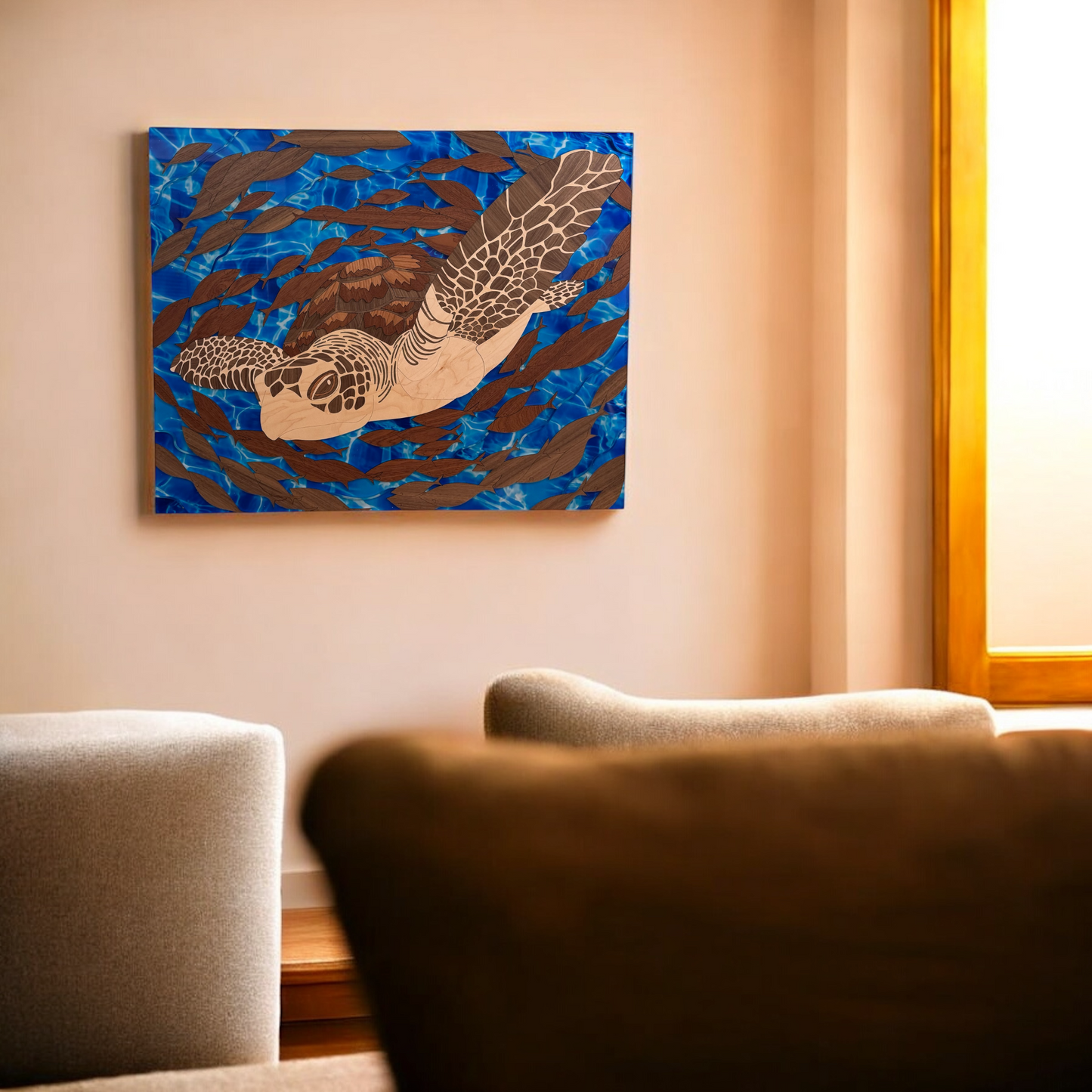 Currents of Life  - Sea Turtle Wood Inlay in Blue Waters Wall Art