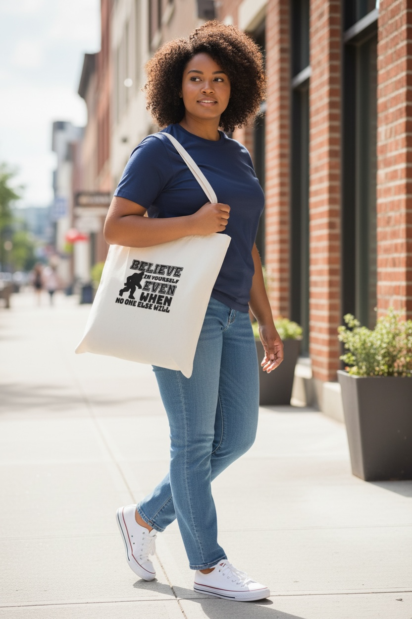 Fashionable monochrome tote bag - “Believe in Yourself Even When No One Else Will”