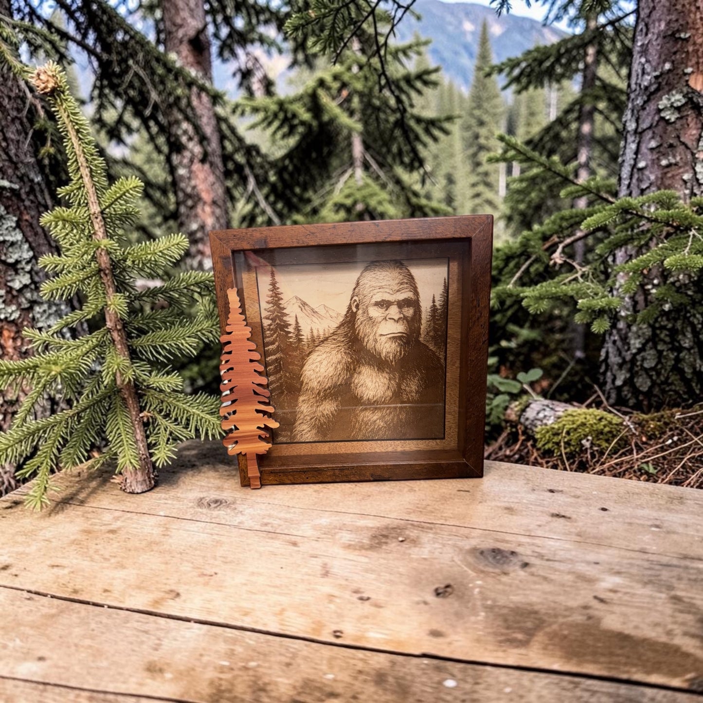 Portrait of a Legend - Bigfoot in the Pines Shadowbox Art