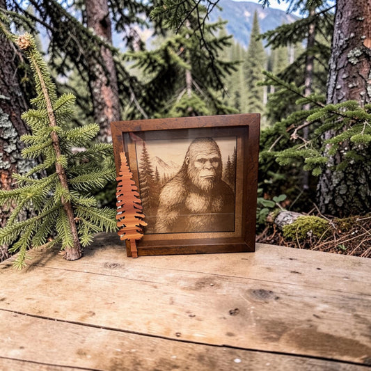 Portrait of a Legend - Bigfoot in the Pines Shadowbox Art