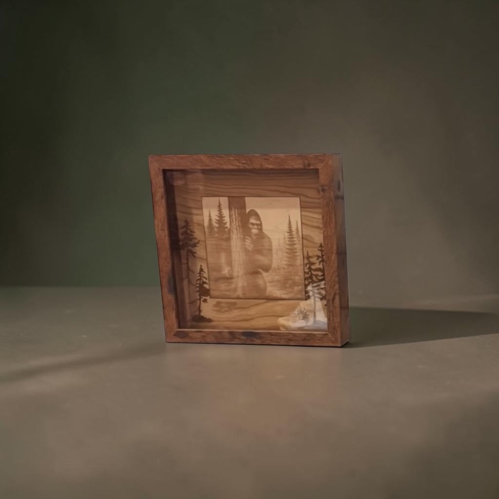 Hiding Amongst Us - Bigfoot hiding in the pines shadowbox art