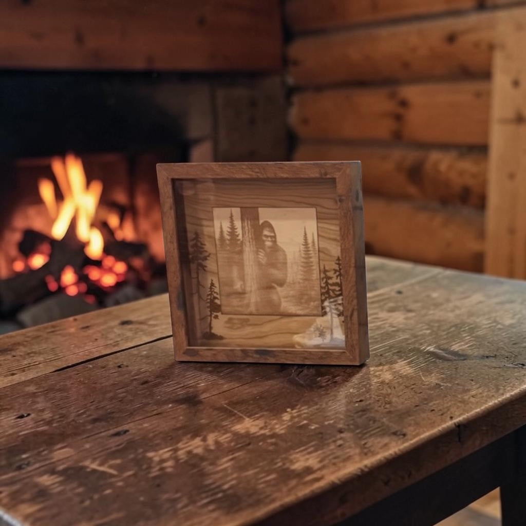 Hiding Amongst Us - Bigfoot hiding in the pines shadowbox art