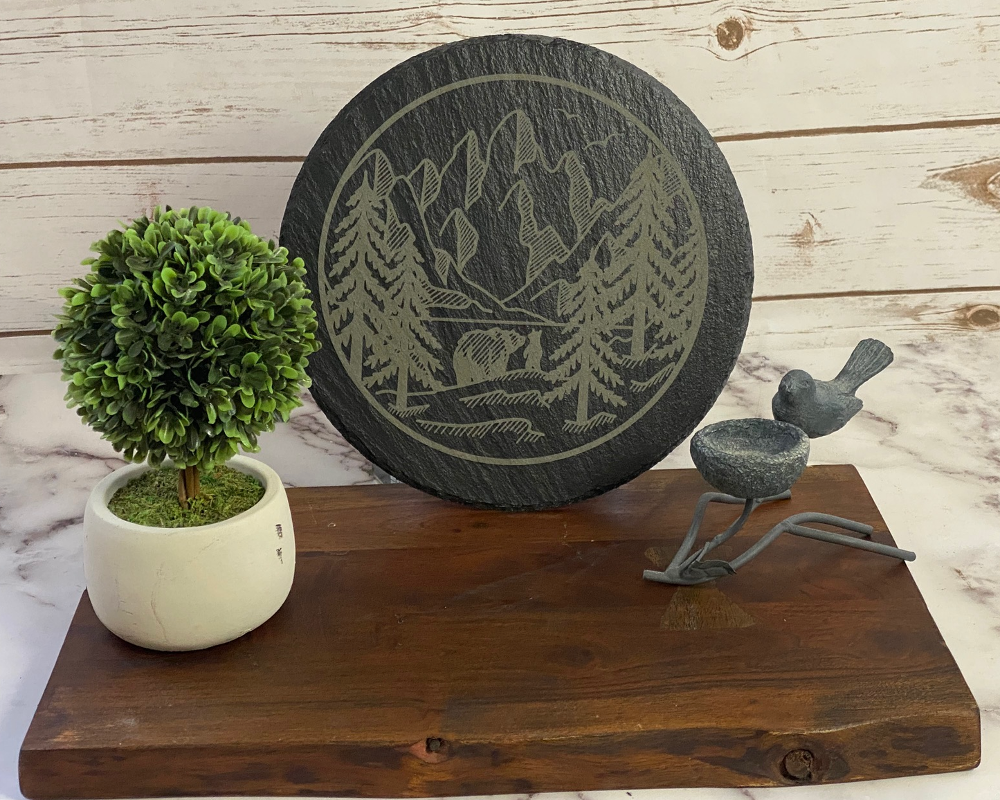 Mama Bear & Her Cub in the Forest Below the Mountains Slate Wall Decor