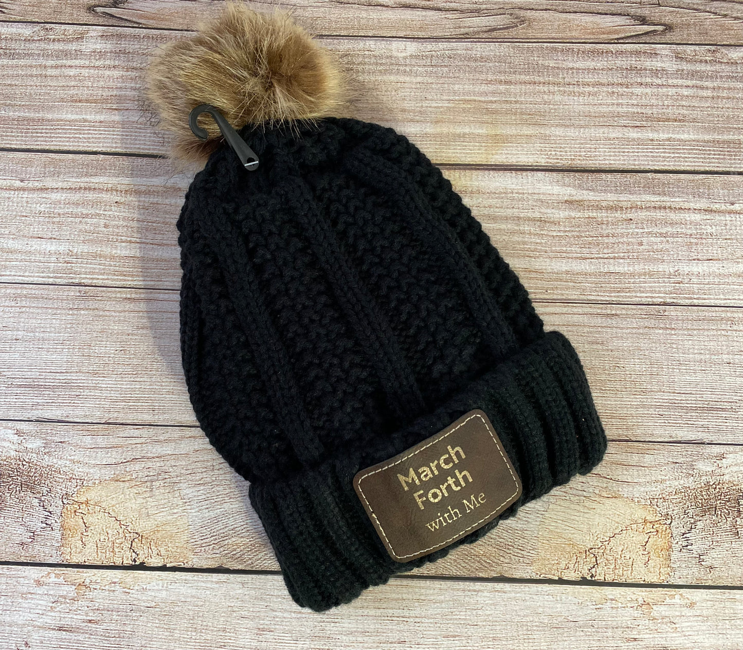 Personalized Winter Hat with Engraved Leatherette Patch, Fleece Lining and Faux Fur Pom Pom