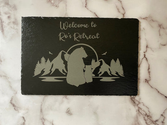 Personalized Mama Bear and Cub in the Mountains slate sign