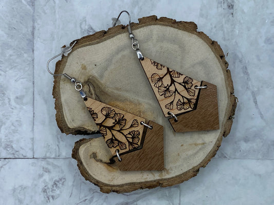 Maple and Walnut Ginko Leaf dangle earrings