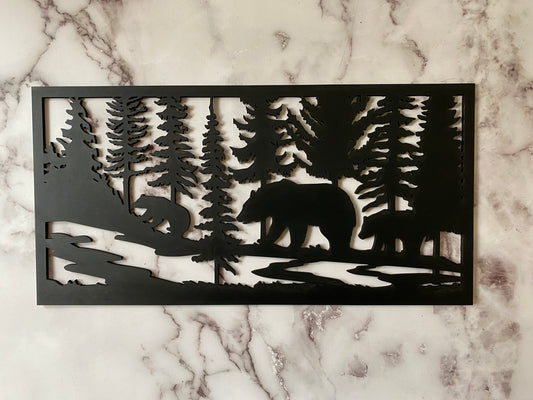 A Stroll in the Woods - Mama Bear and Her Cubs in the Forest Silhouette Wall Hanging