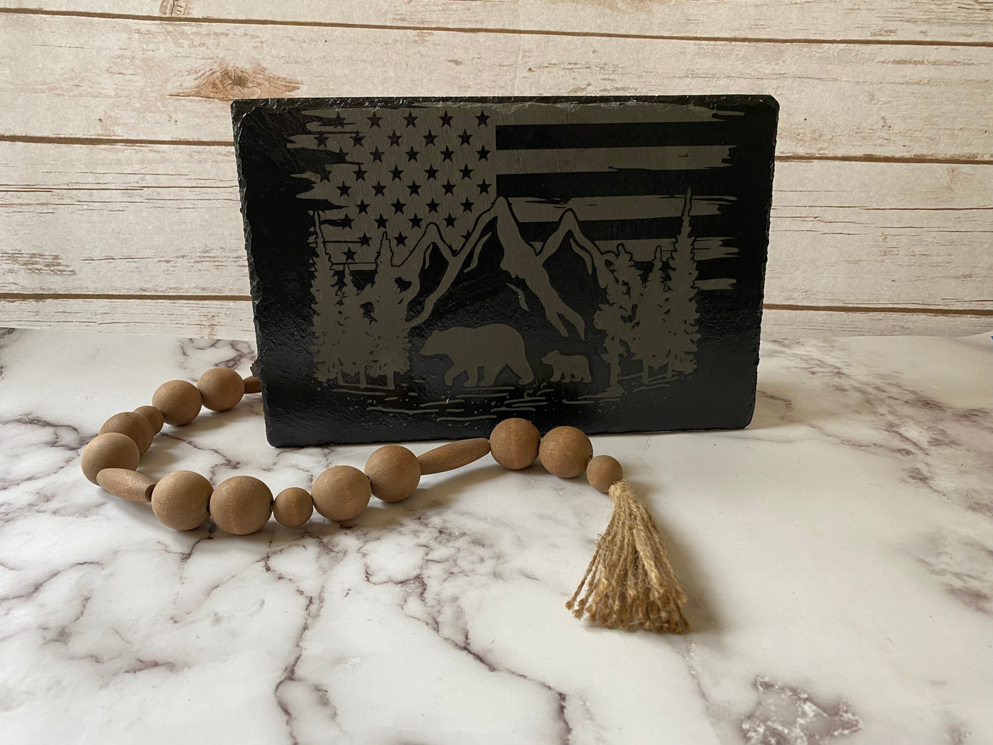 Mama Bear and Her Cub exploring the Mountains with American Flag in the Background Slate Wall Hanging