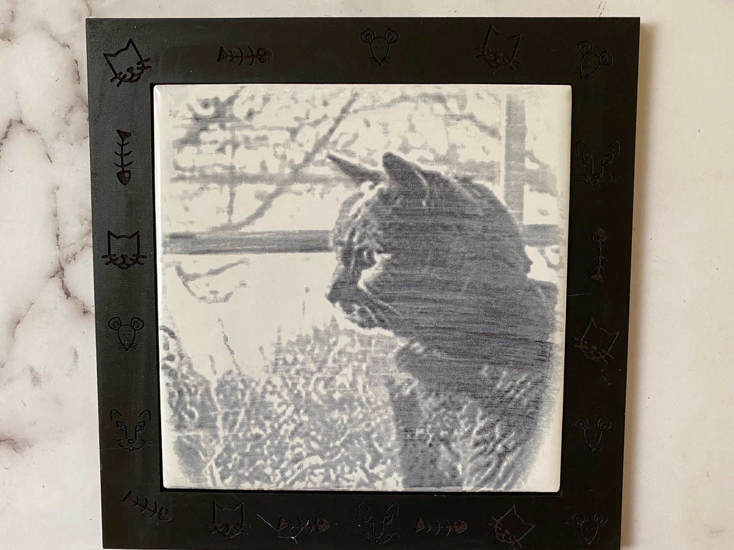 Pet Photo on Tile in 8" x 8" Shadow box frame with engraved mat