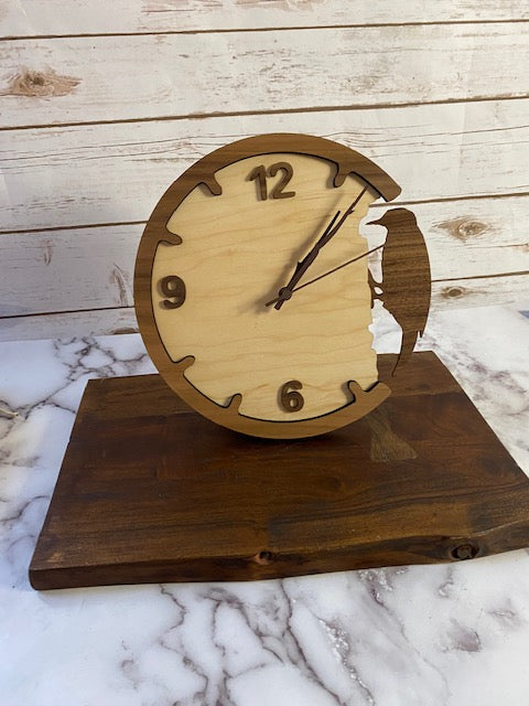 Walnut and Maple Woodpecker clock