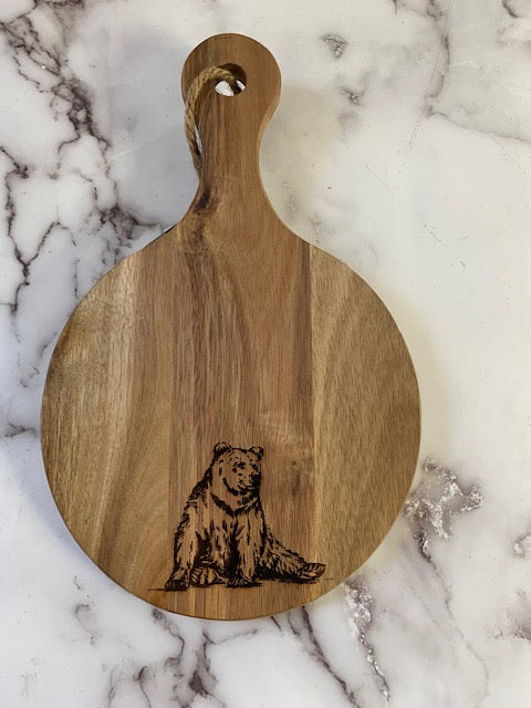 Round Acacia Paddle Board Featuring Lounging Bear