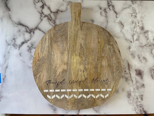 Large Round Mango Cheese Board with marble inlay, engraved "Thankful, Grateful, Blessed"