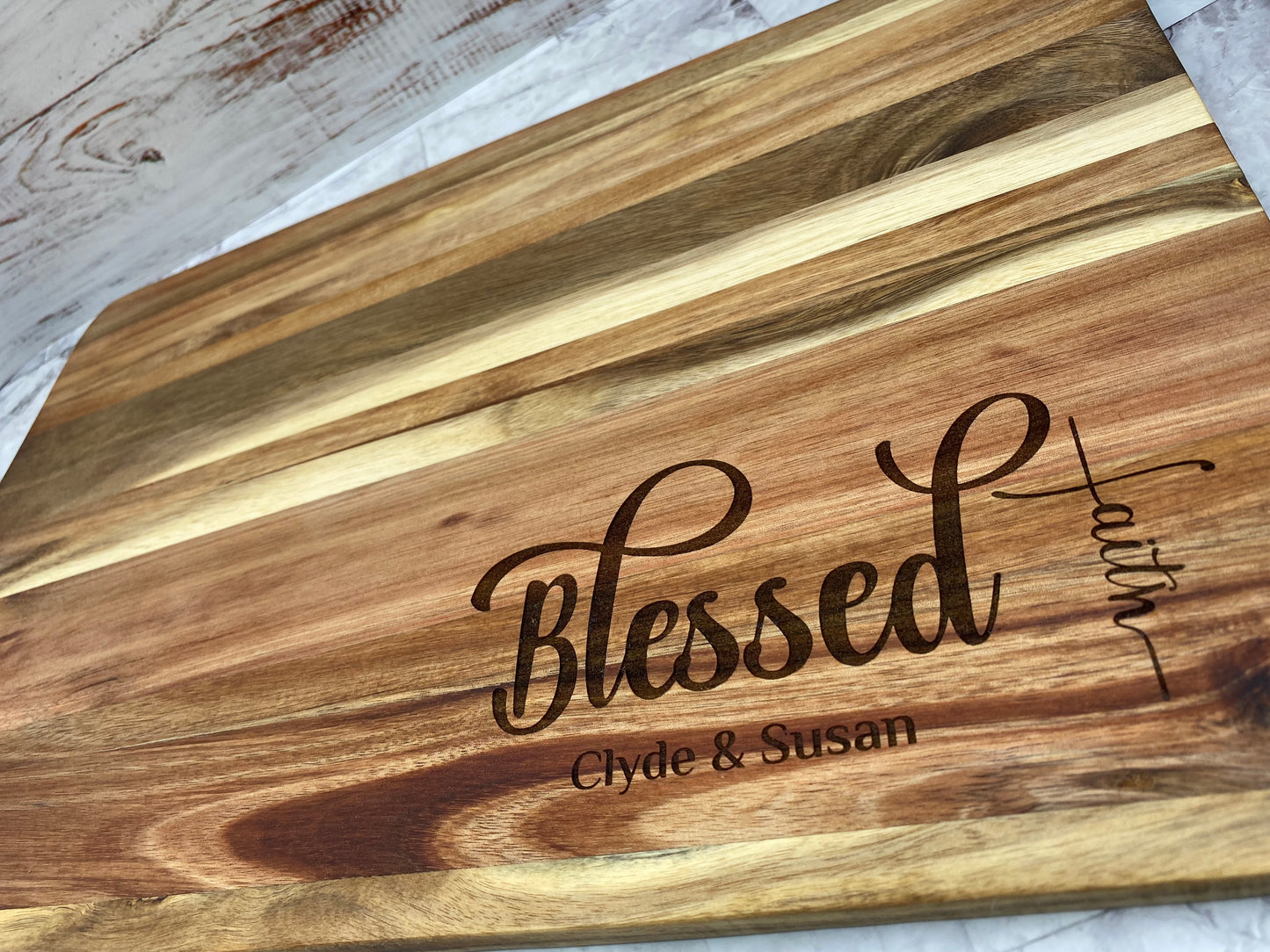 Customized "Blessed" with faith cross charcuterie board