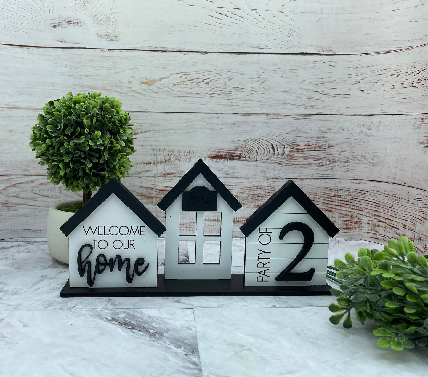 Set of 3 Customized Decorative Tabletop Houses (Welcome Home, House Number and Party of (#)) - Home Decor